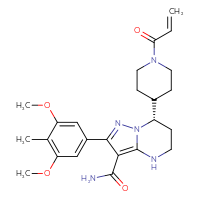 Chemical structure of (7S)-2-(3,5-dimethoxy-4-methylphenyl)-7-[1-(prop-2-enoyl)piperidin-4-yl]-4H,5H,6H,7H-pyrazolo[1,5-a]pyrimidine-3-carboxamide - CSSB14823688795