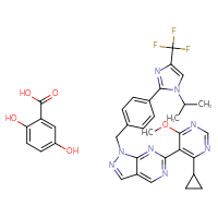 Chemical structure of 2,5-dihydroxybenzoic acid; 4-cyclopropyl-6-methoxy-5-[1-({4-[1-(propan-2-yl)-4-(trifluoromethyl)-1H-imidazol-2-yl]phenyl}methyl)-1H-pyrazolo[3,4-d]pyrimidin-6-yl]pyrimidine - CSSB20620705639