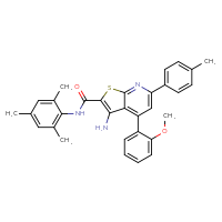 Chemical structure of 3-amino-4-(2-methoxyphenyl)-6-(4-methylphenyl)-N-(2,4,6-trimethylphenyl)thieno[2,3-b]pyridine-2-carboxamide - CSSB00103160250