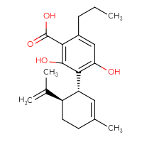Chemical structure of 2,4-dihydroxy-3-[(1R,6R)-3-methyl-6-(prop-1-en-2-yl)cyclohex-2-en-1-yl]-6-propylbenzoic acid - CSSB00102520287