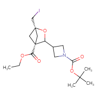 Chemical structure of tert-butyl 3-[(1r,4r)-4-(ethoxycarbonyl)-1-(iodomethyl)-2-oxabicyclo[2.1.1]hexan-3-yl]azetidine-1-carboxylate - CSSB14813058685