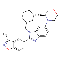Chemical structure of 5-[1-(cyclohexylmethyl)-6-[(3S)-3-methylmorpholin-4-yl]-1H-1,3-benzodiazol-2-yl]-3-methyl-1,2-benzoxazole - CSSB00161188722