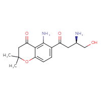 Chemical structure of 5-amino-6-[(3R)-3-amino-4-hydroxybutanoyl]-2,2-dimethyl-3,4-dihydro-2H-1-benzopyran-4-one - CSSB00159259223