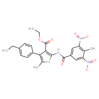 Chemical structure of ethyl 4-(4-ethylphenyl)-5-methyl-2-(4-methyl-3,5-dinitrobenzamido)thiophene-3-carboxylate - CSSB00121674014