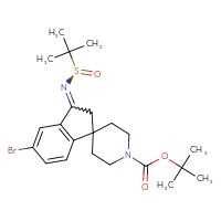Chemical structure of tert-butyl 5-bromo-3-{[(R)-2-methylpropane-2-sulfinyl]imino}-2,3-dihydrospiro[indene-1,4'-piperidine]-1'-carboxylate - CSSB21414487709