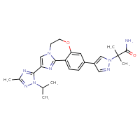Chemical structure of 2-methyl-2-(4-{4-[3-methyl-1-(propan-2-yl)-1H-1,2,4-triazol-5-yl]-9-oxa-3,6-diazatricyclo[8.4.0.0²,⁶]tetradeca-1(14),2,4,10,12-pentaen-12-yl}-1H-pyrazol-1-yl)propanamide - CSSB00015189273