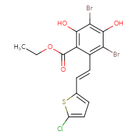 Chemical structure of ethyl 3,5-dibromo-2-[(1E)-2-(5-chlorothiophen-2-yl)ethenyl]-4,6-dihydroxybenzoate - CSSB00015319154