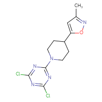 Chemical structure of 2,4-dichloro-6-[4-(3-methyl-1,2-oxazol-5-yl)piperidin-1-yl]-1,3,5-triazine - CSSB21332153634