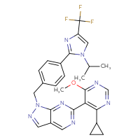 Chemical structure of 4-cyclopropyl-6-methoxy-5-[1-({4-[1-(propan-2-yl)-4-(trifluoromethyl)-1H-imidazol-2-yl]phenyl}methyl)-1H-pyrazolo[3,4-d]pyrimidin-6-yl]pyrimidine - CSSB06454646964