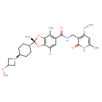 Chemical structure of (2R)-7-chloro-2,4-dimethyl-N-{[6-methyl-4-(methylsulfanyl)-2-oxo-1,2-dihydropyridin-3-yl]methyl}-2-[(1r,4R)-4-(3-methoxyazetidin-1-yl)cyclohexyl]-2H-1,3-benzodioxole-5-carboxamide - CSSB06454647010