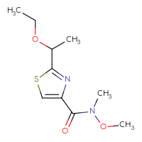Chemical structure of 2-(1-ethoxyethyl)-N-methoxy-N-methyl-1,3-thiazole-4-carboxamide - CSSB01395047230