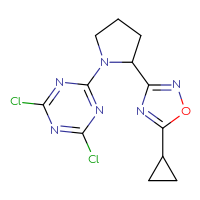 Chemical structure of 2,4-dichloro-6-[2-(5-cyclopropyl-1,2,4-oxadiazol-3-yl)pyrrolidin-1-yl]-1,3,5-triazine - CSSB21332061755