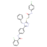 Chemical structure of N-{4-[4-benzyl-5-({[(4-chlorophenyl)carbamoyl]methyl}sulfanyl)-4H-1,2,4-triazol-3-yl]phenyl}-2-chlorobenzamide - CSSB00121630051