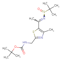 Chemical structure of tert-butyl N-{[4-methyl-5-(1-{[(S)-2-methylpropane-2-sulfinyl]imino}ethyl)-1,3-thiazol-2-yl]methyl}carbamate - CSSB21332860409