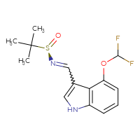 Chemical structure of (R)-N-{[4-(difluoromethoxy)-1H-indol-3-yl]methylidene}-2-methylpropane-2-sulfinamide - CSSB21349269677
