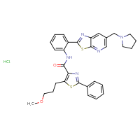 Chemical structure of 5-(3-methoxypropyl)-2-phenyl-N-(2-{6-[(pyrrolidin-1-yl)methyl]-[1,3]thiazolo[5,4-b]pyridin-2-yl}phenyl)-1,3-thiazole-4-carboxamide hydrochloride - CSSB00161189644