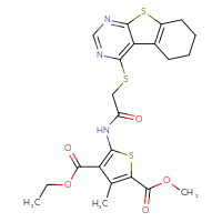 Chemical structure of 4-ethyl 2-methyl 3-methyl-5-(2-{8-thia-4,6-diazatricyclo[7.4.0.0²,⁷]trideca-1(9),2,4,6-tetraen-3-ylsulfanyl}acetamido)thiophene-2,4-dicarboxylate - CSSB00121729601
