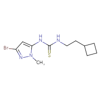 Chemical structure of 1-(3-bromo-1-methyl-1H-pyrazol-5-yl)-3-(2-cyclobutylethyl)thiourea - CSSB21432511102
