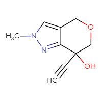 Chemical structure of 7-ethynyl-2-methyl-2H,4H,6H,7H-pyrano[4,3-c]pyrazol-7-ol - CSSB20843480894