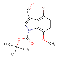Chemical structure of tert-butyl 4-bromo-3-formyl-7-methoxy-1H-indole-1-carboxylate - CSSB00010382433
