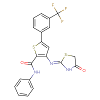 Chemical structure of 3-{[(2Z)-4-oxo-1,3-thiazolidin-2-ylidene]amino}-N-phenyl-5-[3-(trifluoromethyl)phenyl]thiophene-2-carboxamide - CSSB21444811600