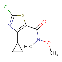 Chemical structure of 2-chloro-4-cyclopropyl-N-methoxy-N-methyl-1,3-thiazole-5-carboxamide - CSSB20621819419