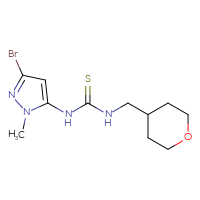 Chemical structure of 3-(3-bromo-1-methyl-1H-pyrazol-5-yl)-1-[(oxan-4-yl)methyl]thiourea - CSSB21432514209
