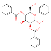 Chemical structure of (2S,3S,4S,5S,6R)-5-(benzoyloxy)-2-(benzyloxy)-4-hydroxy-6-(hydroxymethyl)oxan-3-yl benzoate - CSSB20572401383