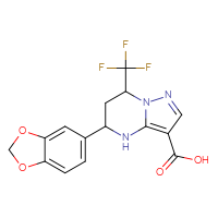 Chemical structure of 5-(2H-1,3-benzodioxol-5-yl)-7-(trifluoromethyl)-4H,5H,6H,7H-pyrazolo[1,5-a]pyrimidine-3-carboxylic acid - CSSB00025748803