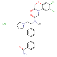 Chemical structure of 4'-[(1R)-1-[2-(6,7-dichloro-3-oxo-3,4-dihydro-2H-1,4-benzoxazin-4-yl)-N-methylacetamido]-2-(pyrrolidin-1-yl)ethyl]-[1,1'-biphenyl]-3-carboxamide hydrochloride - CSSB02515447119