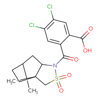 Chemical structure of 4,5-dichloro-2-{10,10-dimethyl-3,3-dioxo-3λ⁶-thia-4-azatricyclo[5.2.1.0¹,⁵]decane-4-carbonyl}benzoic acid - CSSB00159357657