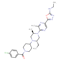 Chemical structure of 5-{5-[(2R,5S)-4-[1-(4-chlorobenzoyl)piperidin-4-yl]-5-ethyl-2-methylpiperazin-1-yl]-6-methylpyrazin-2-yl}-N-ethyl-1,3,4-oxadiazol-2-amine - CSSB20961765131