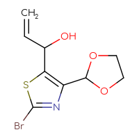Chemical structure of 1-[2-bromo-4-(1,3-dioxolan-2-yl)-1,3-thiazol-5-yl]prop-2-en-1-ol - CSSB21246486145
