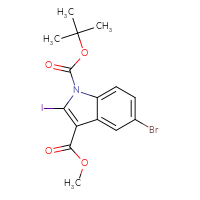 Chemical structure of 1-tert-butyl 3-methyl 5-bromo-2-iodo-1H-indole-1,3-dicarboxylate - CSSB06256046667