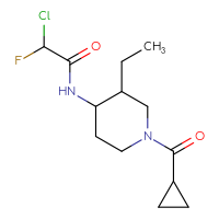 Chemical structure of 2-chloro-N-(1-cyclopropanecarbonyl-3-ethylpiperidin-4-yl)-2-fluoroacetamide - CSSB21332167562