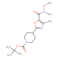 Chemical structure of tert-butyl 4-{5-[methoxy(methyl)carbamoyl]-4-methyl-1,3-oxazol-2-yl}piperidine-1-carboxylate - CSSB21151589624