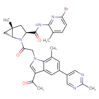 Chemical structure of (1R,3S,5R)-2-{2-[3-acetyl-7-methyl-5-(2-methylpyrimidin-5-yl)-1H-indol-1-yl]acetyl}-N-(6-bromo-3-methylpyridin-2-yl)-5-methyl-2-azabicyclo[3.1.0]hexane-3-carboxamide - CSSB20465147334