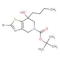 Chemical structure of tert-butyl 2-bromo-7-butyl-7-hydroxy-4H,5H,6H,7H-[1,3]thiazolo[4,5-c]pyridine-5-carboxylate - CSSB21246281190