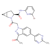 Chemical structure of (1R,3S,5R)-2-{2-[3-acetyl-5-(2-methylpyrimidin-5-yl)-1H-indazol-1-yl]acetyl}-N-(6-bromopyridin-2-yl)-2-azabicyclo[3.1.0]hexane-3-carboxamide - CSSB03437848097