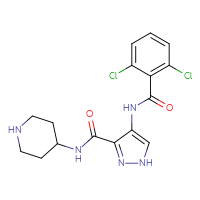 Chemical structure of 4-(2,6-dichlorobenzamido)-N-(piperidin-4-yl)-1H-pyrazole-3-carboxamide - CSSB00015190636