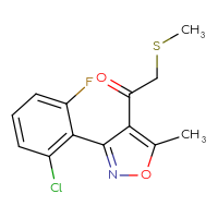 Chemical structure of 1-[3-(2-chloro-6-fluorophenyl)-5-methyl-1,2-oxazol-4-yl]-2-(methylsulfanyl)ethan-1-one - CSSB21246271050