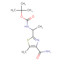 Chemical structure of tert-butyl N-[1-(4-carbamoyl-5-methyl-1,3-thiazol-2-yl)ethyl]carbamate - CSSB00113978426