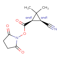 Chemical structure of rac-2,5-dioxopyrrolidin-1-yl (1R,3S)-3-cyano-2,2-dimethylcyclopropane-1-carboxylate - CSSB20270306437