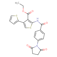 Chemical structure of ethyl 5'-[4-(2,5-dioxopyrrolidin-1-yl)benzamido]-[2,3'-bithiophene]-4'-carboxylate - CSSB00121732835