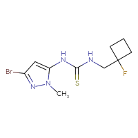 Chemical structure of 1-(3-bromo-1-methyl-1H-pyrazol-5-yl)-3-[(1-fluorocyclobutyl)methyl]thiourea - CSSB21432510881