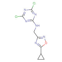 Chemical structure of 4,6-dichloro-N-[(5-cyclopropyl-1,2,4-oxadiazol-3-yl)methyl]-1,3,5-triazin-2-amine - CSSB03569174647