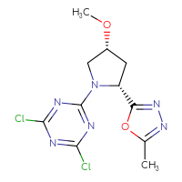 Chemical structure of 2,4-dichloro-6-[(2R,4R)-4-methoxy-2-(5-methyl-1,3,4-oxadiazol-2-yl)pyrrolidin-1-yl]-1,3,5-triazine - CSSB21332154311