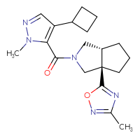 Chemical structure of 5-[(3aR,6aR)-2-(4-cyclobutyl-1-methyl-1H-pyrazole-5-carbonyl)-octahydrocyclopenta[c]pyrrol-3a-yl]-3-methyl-1,2,4-oxadiazole - CSSS00138523667