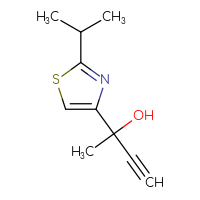 Chemical structure of 2-[2-(propan-2-yl)-1,3-thiazol-4-yl]but-3-yn-2-ol - CSSB06440777801