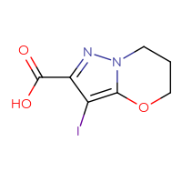 Chemical structure of 3-iodo-5H,6H,7H-pyrazolo[3,2-b][1,3]oxazine-2-carboxylic acid - CSSB00135415850